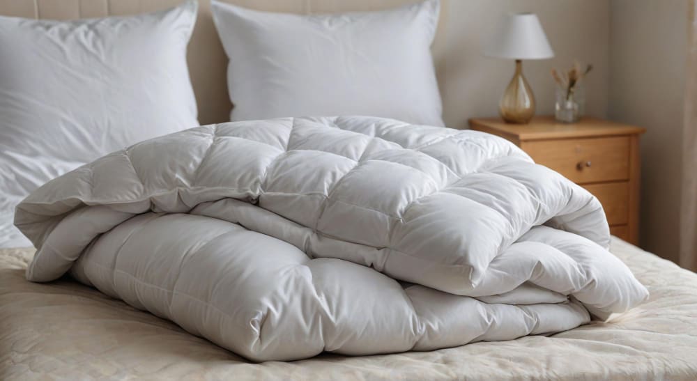 A folded white comforter lies on a neatly made bed with two pillows; a wooden nightstand with a lamp and decor is visible in the background.