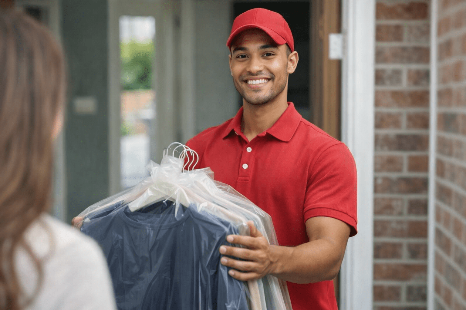 A smiling delivery person in a red shirt and cap hands over clothes on hangers covered in plastic to a customer at a doorway.