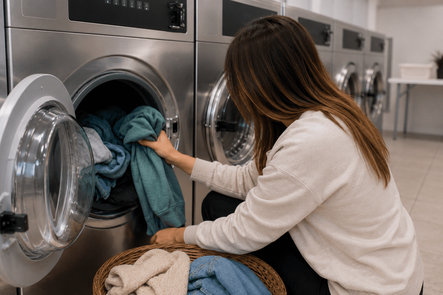 A woman loads clothes from a laundry basket into a front-loading washing machine at a laundromat.
