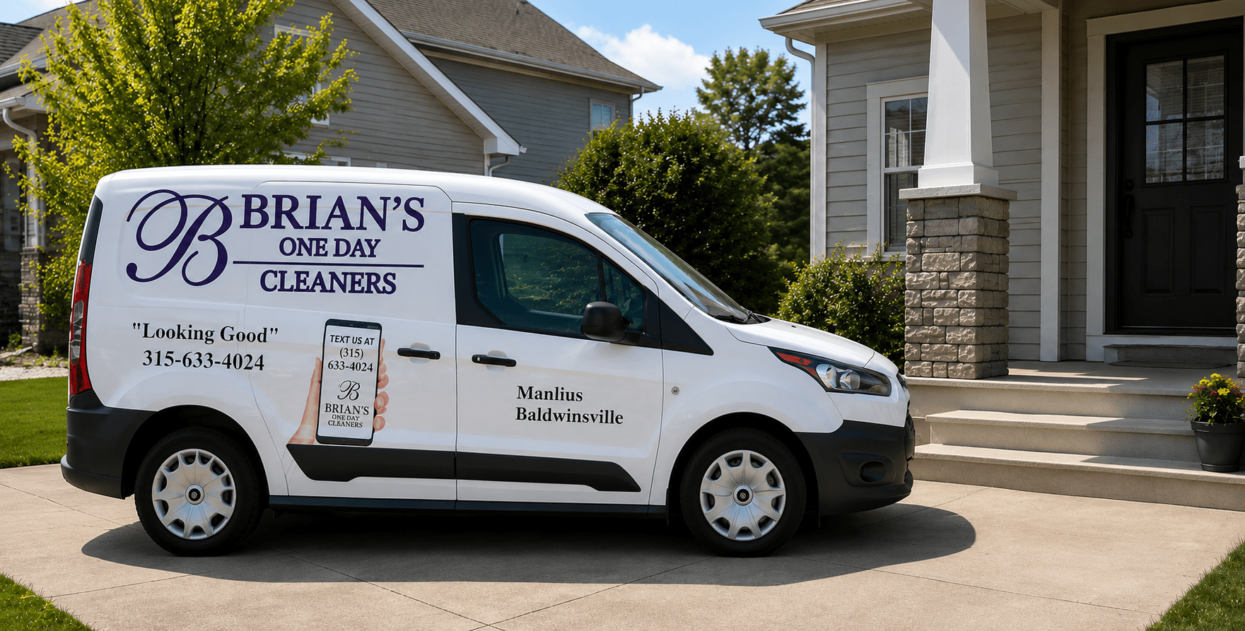 A white van labeled "Brian's One Day Cleaners" is parked in a residential driveway next to a house with a stone porch and steps.